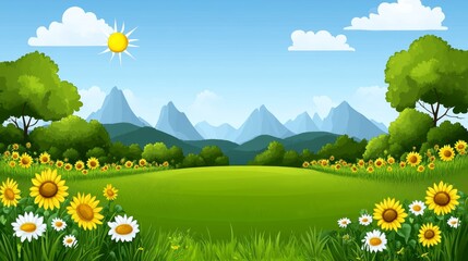 Fototapeta premium Sunny Meadow Landscape with Mountains Sunflowers and Green Trees