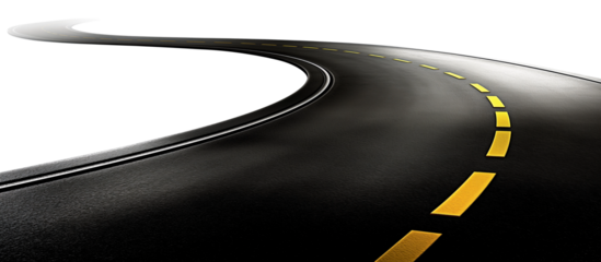 Curved paved blacktop road, with yellow pavement markings