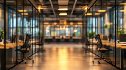 Fototapeta premium Abstract blurred office hall interior and meeting room. Blurry corridor in working space with defocused effect. Use for background or backdrop in business concept