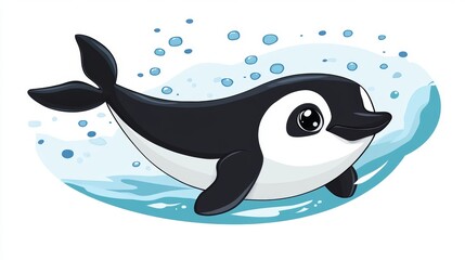 Naklejka premium Cute Cartoon Dolphin Swimming Underwater with Bubbles Illustration