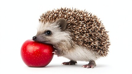 Obraz premium Cute Hedgehog Eating a Red Apple Isolated on White Background