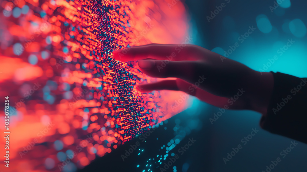 Poster hands hovering over a holographic hr network screen, advanced digital analytics