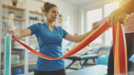 A physical therapist guiding a patient through exercises with therapeutic bands in a bright rehabilitation center against a vibrant background, macro shot, Realistic style