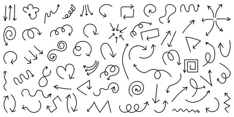 Obraz premium Set of black, hand drawn, doodle spiral arrows.