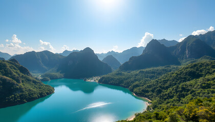 Fototapeta premium Kayangan Lake On A Sunny Day Ascending Aerial Pan Left Of Coron Mountains isolated with white highlights, png