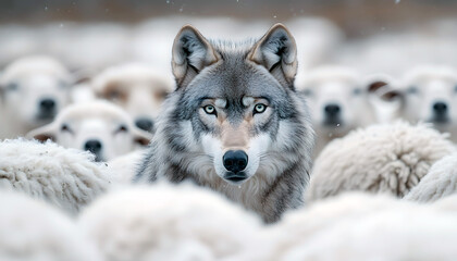 Fototapeta premium Wolf Among Sheep Showcasing Contrast and Camouflage
