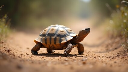 Fototapeta premium Majestic tortoise crossing dusty path embodying wisdom and patience
