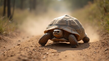 Majestic tortoise crossing dusty path embodying wisdom and patience