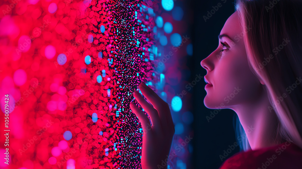 Poster hr team member using a hologram to display workforce connections, vibrant tech style