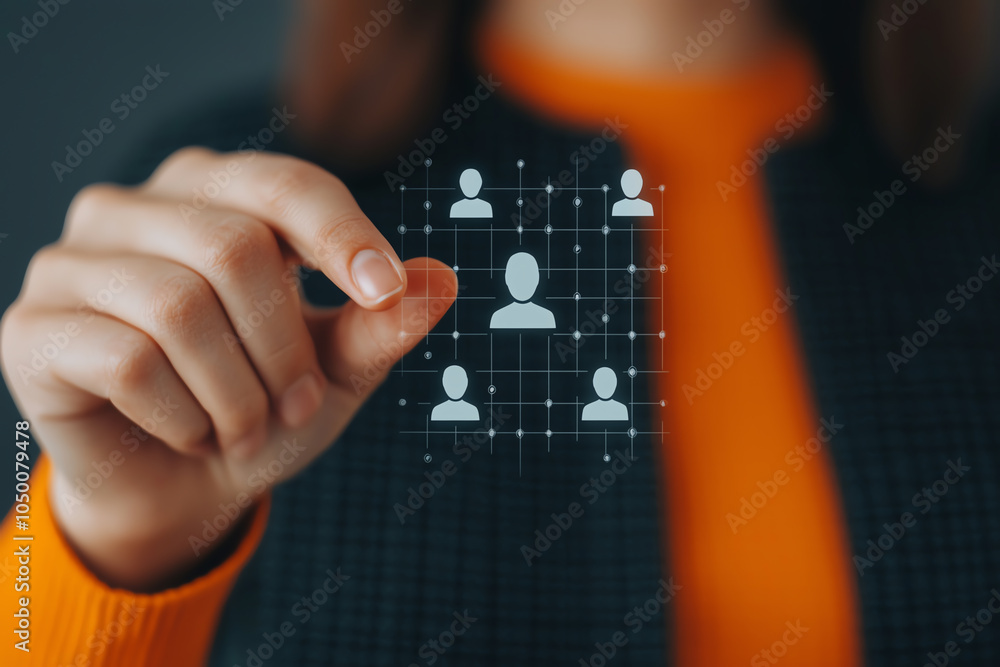 Poster digital hr hologram displaying employee network data, hands interacting, advanced visuals