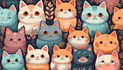 Cute Cartoon Cats Pattern with Floral Background