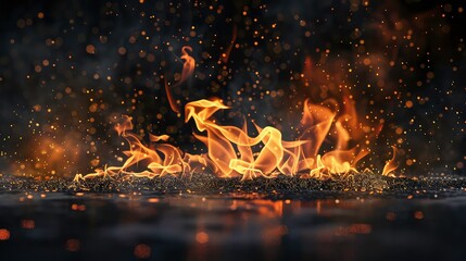 Abstract photo of fire flames with sparkling particles against a dark background.