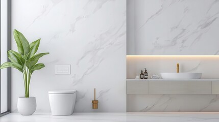 Monochromatic bathroom with gold highlights, sleek shower, and hidden storage