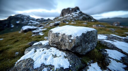 Snow Covered Rocks and Mountain Peak Landscape Photography