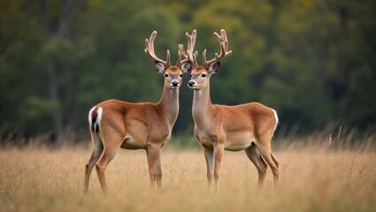 Fototapeta premium Two deer in a clearing showcasing companionship and connection in nature
