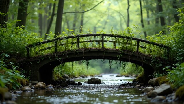 Enchanting vine bridge over forest stream symbolizing unity