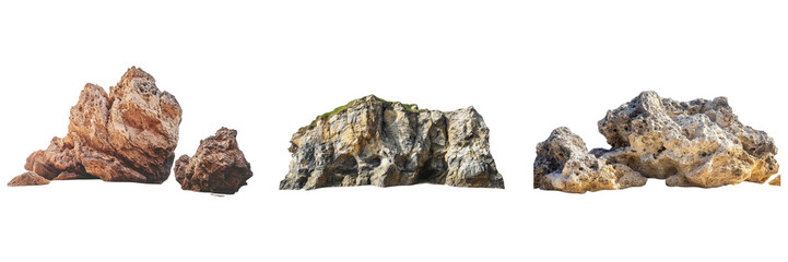 Fototapeta premium Set of Natural rock formation along sandy beach under bright daylight isolated on a transparent background