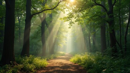 Obraz premium Serene forest clearing with dappled sunlight exuding calm and tranquility
