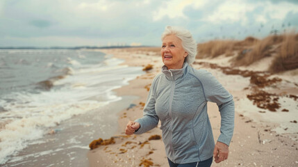 Senior elderly woman with gray hair runs or joggs on the beach short