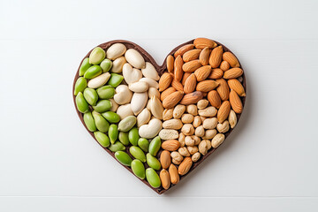 Seeds are beautifully arranged in a heart shape, celebrating health and nature with diverse textures and colors