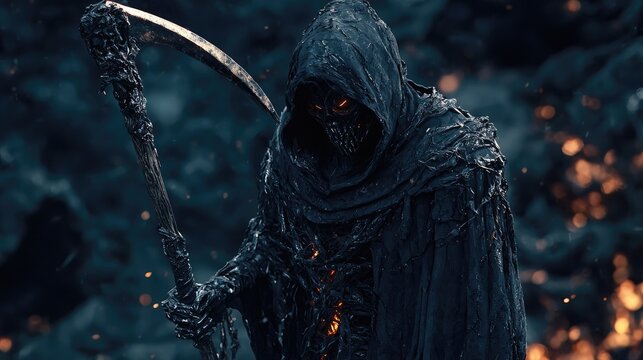 A Dark Figure with Scythe Against a Twilight Sky