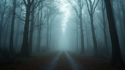 Obraz premium Mysterious foggy forest path with tall trees disappearing into mist
