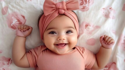 Beautiful baby lies on bed smiling bow on her head.