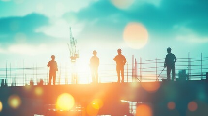Silhouetted Construction Workers at Sunset on a Building Site