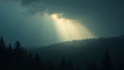 Fototapeta premium Majestic sunlight beam in dark forest evoking mystery