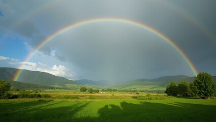 Fototapeta premium Rainbow over lush valley symbol of hope and renewal
