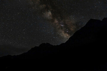 Milkyway rising behind the himalayas mountain in chhatru lahaul, himachal pradesh india.