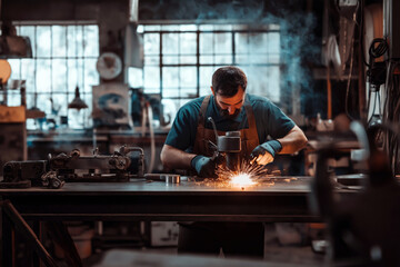 Welder in a modern workshop doing fine work creating metal furniture.