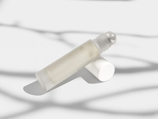 Roller bottle packaging overlay with natural shadow, 10 ml open cap, frost glass roll-on bottle mockup, liquid perfume metallic roller packaging, cylindrical shape aroma oil an cologne container