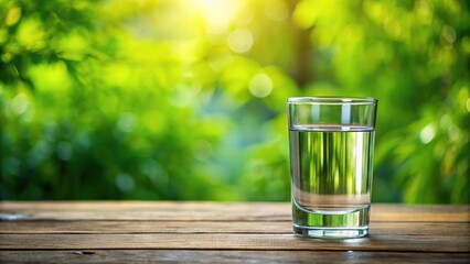 A clear glass filled with still water, placed on a wooden table in a serene environment, wood, nature, glass, peaceful