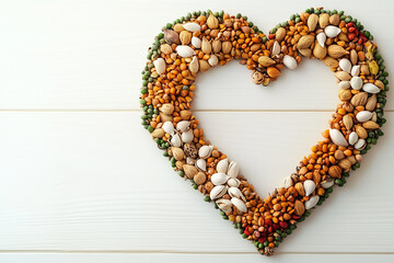 A creative display of assorted seeds forms a heart shape, symbolizing love for health and nature in a peaceful ambiance