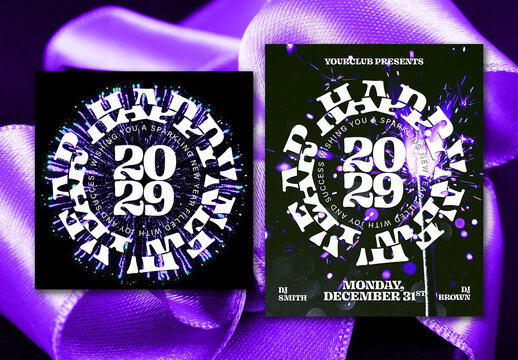 Happy New Year Social Media Post Layout Set with Circular Typography