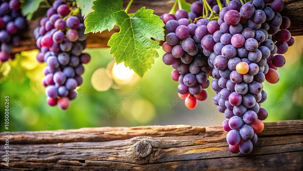 Wall mural A cluster of amethyst-hued grapes hang from a rustic wooden vine, heavy with dew and dripping with sweetness, purple, amethyst