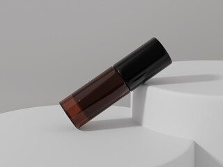 amber glass bottle mockup, small size brown glass bottle display on pedestal, 5 ml aroma oil roll on packaging, cylindrical shape essential oil container, luxury liquid cologne roller packaging mockup