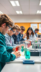 Obraz premium In high school, teenagers conducting science experiment with test tubes in classroom isolated with white highlights, png