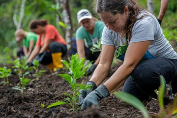 Volunteers Planting Trees. Environmental Reforestation Project.