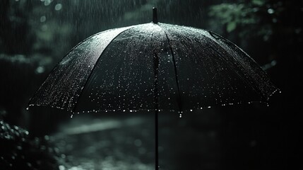 A black umbrella stands alone in the rain, with raindrops falling on it.