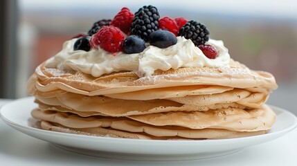 Pavlova topped with whipped cream and fresh berries