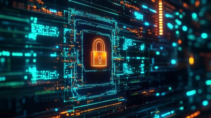 A close-up view of a glowing digital padlock on a computer screen surrounded by intricate code and neon lights in a secure tech environment