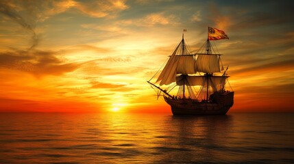 Majestic Tall Ship Sailing at Sunset over Calm Waters