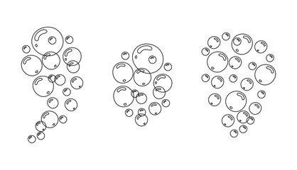 Set of water bubbles cluster in doodle style. Linear vector illustration of soap foam of different shapes
