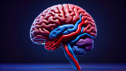 Scientific Visualization: 3D Image of Human Brain Anatomy with Convolutions, Blood Vessels and Anatomical Elements for Educational Purposes in Medicine, Neurobiology and Psychology