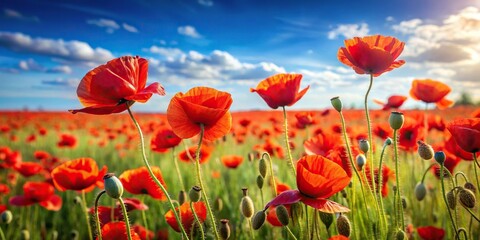 Fototapeta premium A field of red poppies swaying gently in the breeze on a warm summer day, countryside scene, red poppies, garden inspiration, wind blown blooms