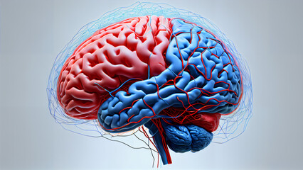 Scientific Visualization: 3D Image of Human Brain Anatomy with Convolutions, Blood Vessels and Anatomical Elements for Educational Purposes in Medicine, Neurobiology and Psychology