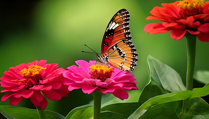 Obraz premium vibrant butterfly pink zinnia flowers captures stunning summer nature moments