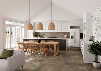 Luxury studio apartment with a free layout in a loft style in bright colors. Stylish modern living room interior with cozy sofa, brown marble with black veins flooring, wooden furniture. 3D Rendering